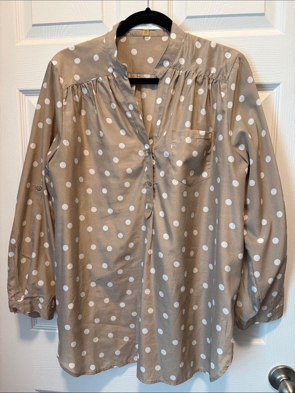 fun 2 fun Taupe and White Polka Dot V-Neck Blouse